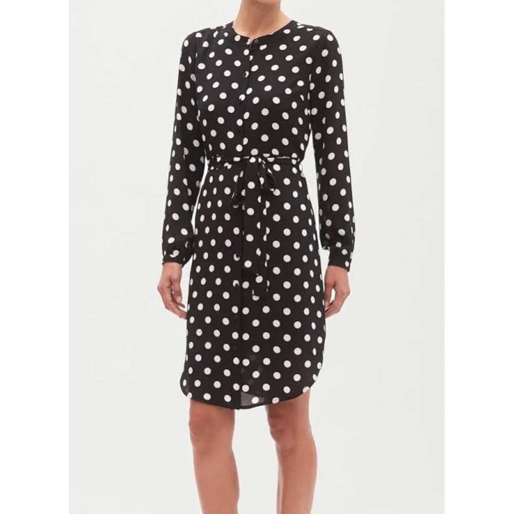 NWT Banana Republic Black White Polka Dot Belted Shirtdress Button Down 0